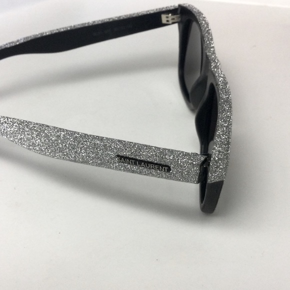 SAINT LAURENT YSL SILVER GLITTER BLACK LEATHER SUNGLASSES SL51 051 NWOT - Picture 5 of 14